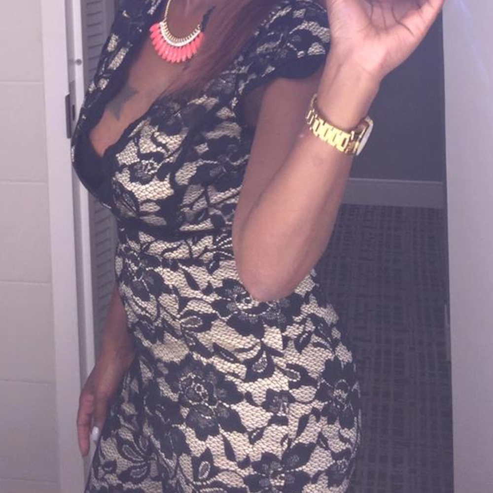 Black lace over tan/nude jumpsuit